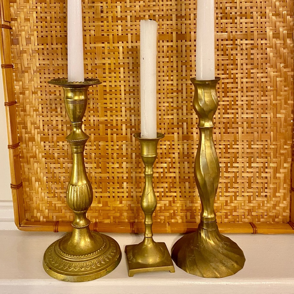 3 piece set vintage antiques brass candlesticks